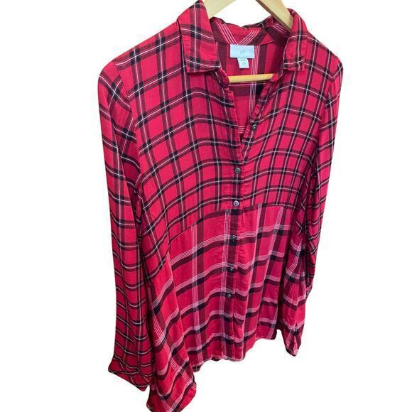 J.Jill Red & Black Tartan Plaid A-Line Tunic Long Button Down Collared Shirt XS - Picture 6 of 17